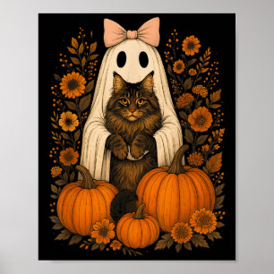 Vintage Halloween Ghost Holding Maine Coon Cat Poster
