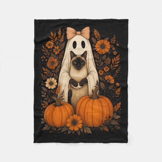 Vintage Halloween Ghost Holding Siamese Cat  Fleece Blanket (Front)