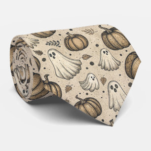 Vintage Halloween Ghost Pumpkin Rustic Parchment Tie