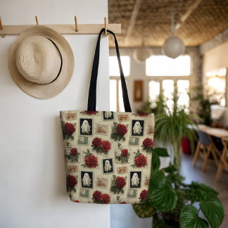 Vintage Halloween Ghost & Red Rose Postage Stamp Tote Bag