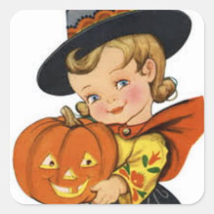 Vintage Halloween Girl Holding Pumpkin Square Sticker