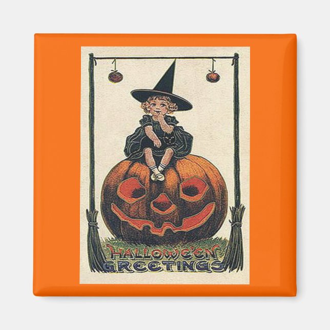 Vintage Halloween Girl on Jack o'Lantern Magnet (Front)