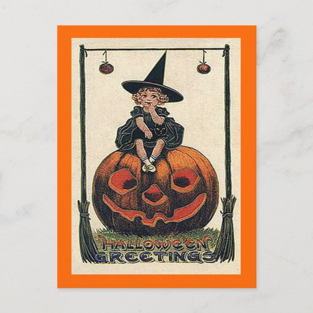 Vintage Halloween Girl on Jack o'Lantern Postcard (Front)