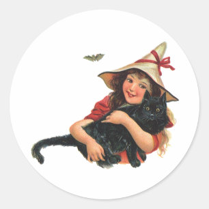 Vintage Halloween, Girl Witch with Black Cat Classic Round Sticker