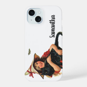 Vintage Halloween, Girl Witch with Black Cat iPhone 15 Case