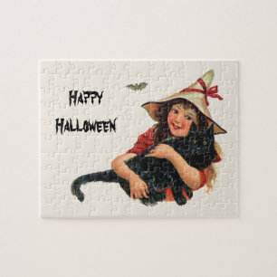 Vintage Halloween, Girl Witch with Black Cat Jigsaw Puzzle