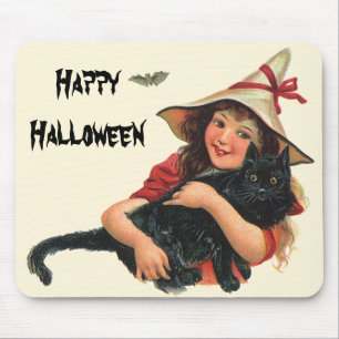 Vintage Halloween, Girl Witch with Black Cat Mouse Mat