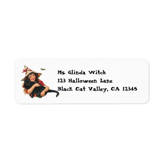 Vintage Halloween, Girl Witch with Black Cat Return Address Label