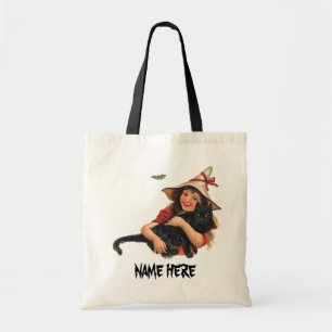 Vintage Halloween, Girl Witch with Black Cat Tote Bag
