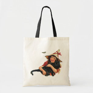 Vintage Halloween, Girl Witch with Black Cat Tote Bag