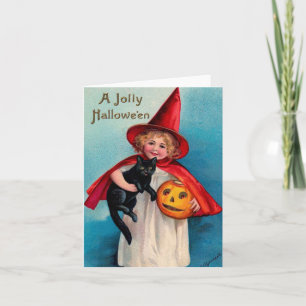 Vintage Halloween Girl With Black Cat Card