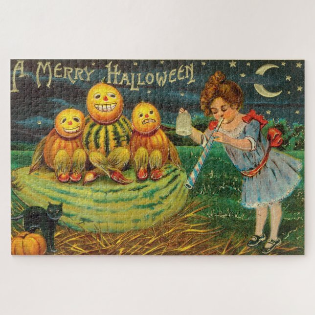 Vintage Halloween Girl with Pumpkins Jigsaw Puzzle (Horizontal)