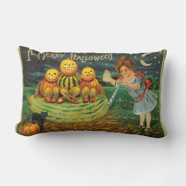 Vintage Halloween Girl with Pumpkins Lumbar Cushion (Front)
