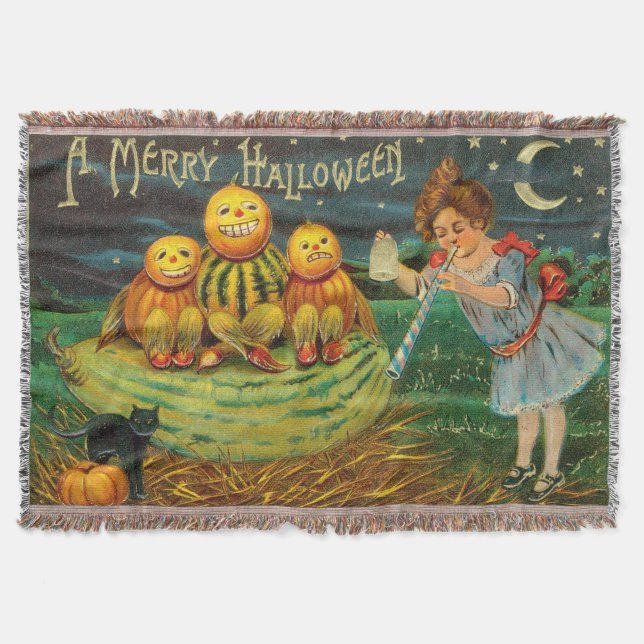 Vintage Halloween Girl with Pumpkins Throw Blanket (Front)