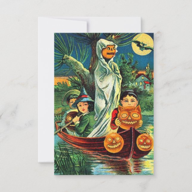 Vintage Halloween Girls And Pumpkins On Boat (Front)