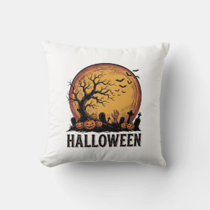 Vintage Halloween Graveyard Bat Moon Art_1 Cushion
