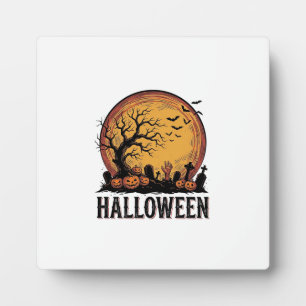 Vintage Halloween Graveyard Bat Moon Art_1 Plaque
