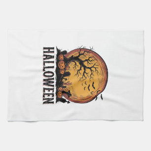 Vintage Halloween Graveyard Bat Moon Art_1 Tea Towel