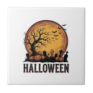 Vintage Halloween Graveyard Bat Moon Art_1 Tile