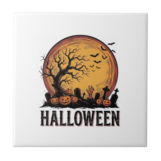 Vintage Halloween Graveyard Bat Moon Art_1 Tile (Front)