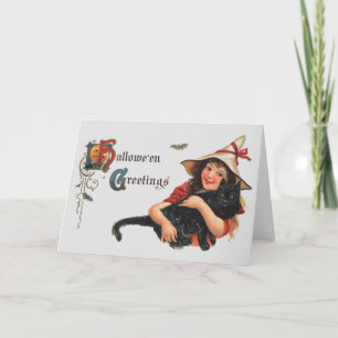 Vintage Halloween Greetings, Child Witch with Cat Card