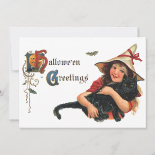 Vintage Halloween Greetings, Child Witch with Cat Invitation