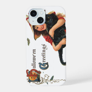 Vintage Halloween Greetings, Child Witch with Cat iPhone 15 Case