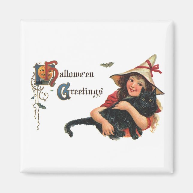 Vintage Halloween Greetings, Child Witch with Cat Magnet (Front)