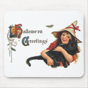 Vintage Halloween Greetings, Child Witch with Cat Mouse Mat