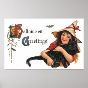 Vintage Halloween Greetings, Child Witch with Cat Poster
