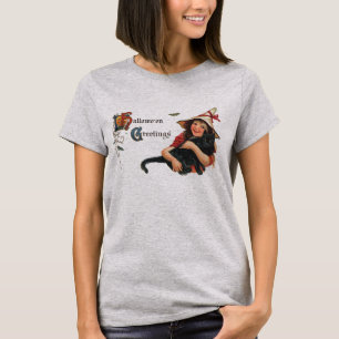 Vintage Halloween Greetings, Child Witch with Cat T-Shirt