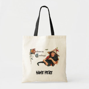 Vintage Halloween Greetings, Child Witch with Cat Tote Bag