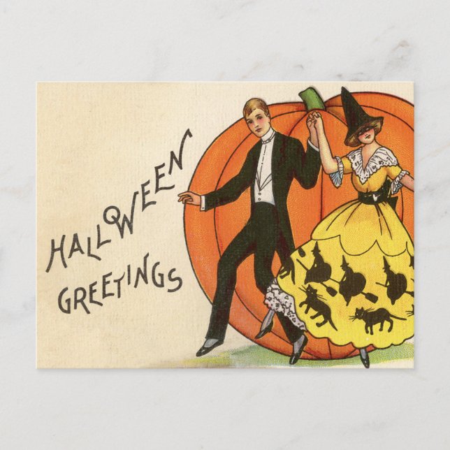 Vintage Halloween Greetings - Dancing Couple - Postcard (Front)