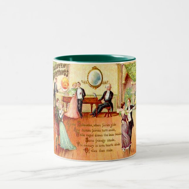 Vintage Halloween Greetings Dancing Two-Tone Coffee Mug (Center)
