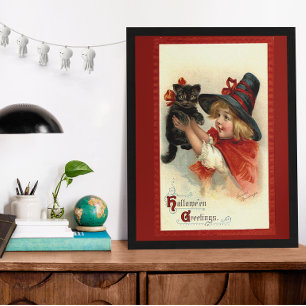 Vintage Halloween Greetings Little Witch And Cat Poster