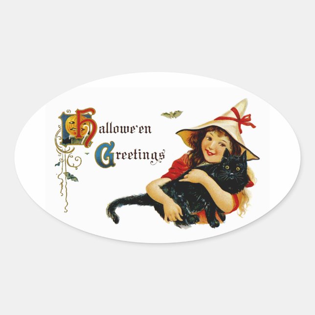 Vintage Halloween Greetings Oval Sticker (Front)