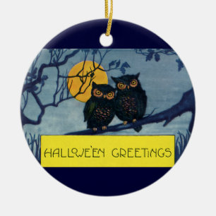 Vintage Halloween Greetings, Owls in Tree w Moon Ceramic Tree Decoration
