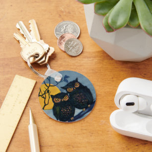 Vintage Halloween Greetings, Owls in Tree w Moon Key Ring