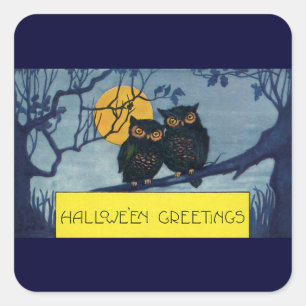 Vintage Halloween Greetings, Owls in Tree w Moon Square Sticker