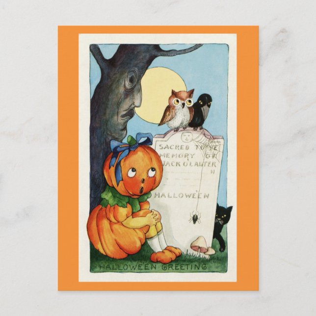 Vintage Halloween Greetings Pumpkin Graveyard  Postcard (Front)