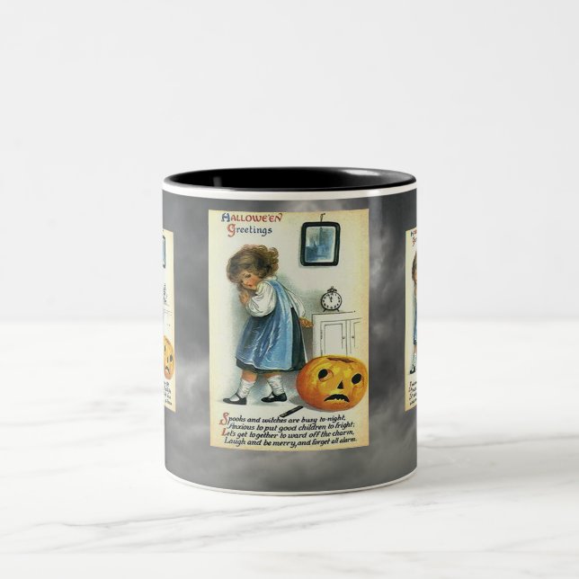 Vintage Halloween Greetings Two-Tone Coffee Mug (Center)