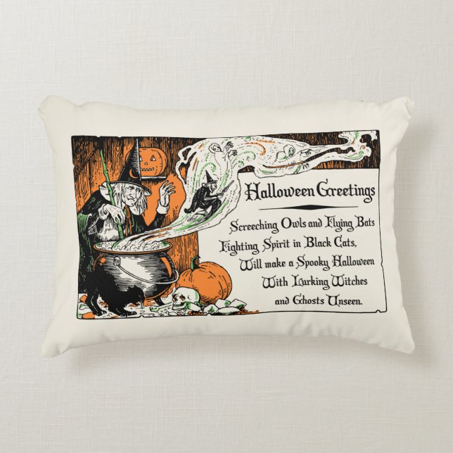 Vintage Halloween Greetings Witch Accent Pillow (Front)