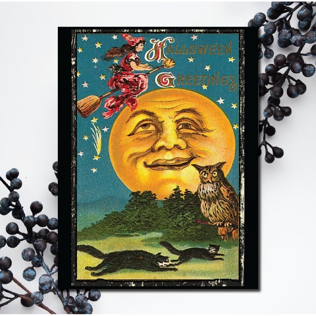 Vintage Halloween Greetings Witch Flying on Broom Card (Creator Uploaded)