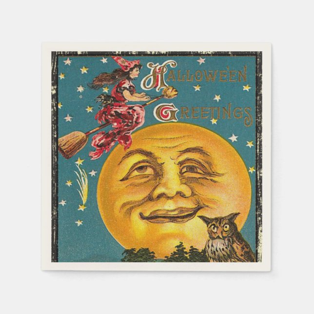 Vintage Halloween Greetings Witch Flying on Broom Napkin (Front)