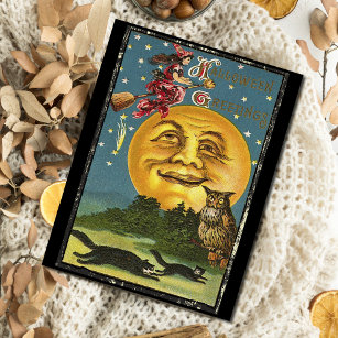 Vintage Halloween Greetings Witch Flying on Broom Postcard