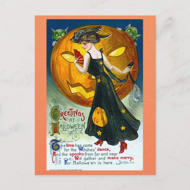 Vintage Halloween Greetings Witch Pumpkin Poem Postcard (Front)