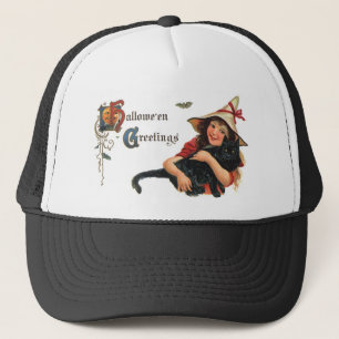 Vintage Halloween Greetings Witch with Cat Trucker Hat