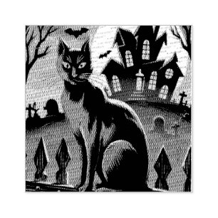 Vintage Halloween haunted house, black cat Rubber Stamp
