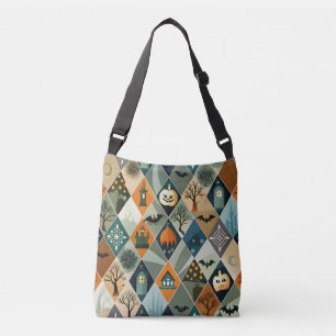 Vintage Halloween Haunted House Diamond Pattern Crossbody Bag