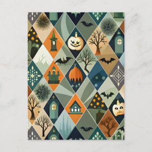 Vintage Halloween Haunted House Diamond Pattern Postcard